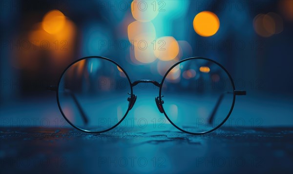 Rimless glasses on a dark background with bokeh, showcasing minimalistic design AI generated