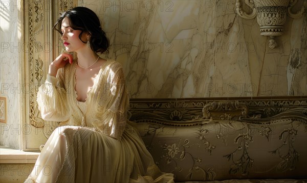 Woman in a vintage dress seated in a luxurious marble interior, lost in thought AI generated