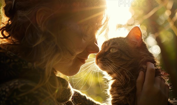 A silhouette of a woman gently holding and looking at her cat with affection in sunset lighting AI generated