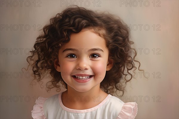 Young smiling gilr child with curly brown hair in front of studio background. KI generiert, generiert AI generated