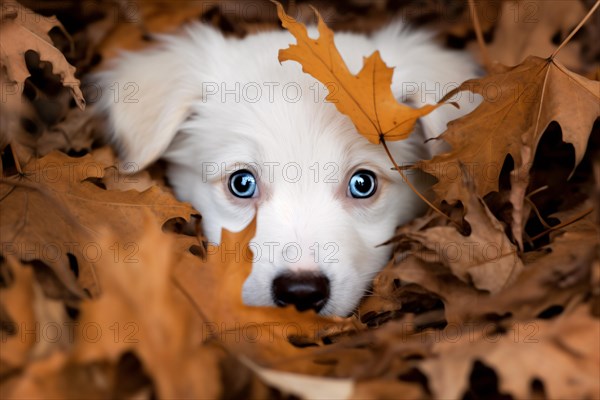 Young white dog puppy hiding between colorful autumn leaves. KI generiert, generiert AI generated