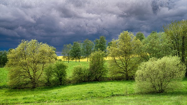 Dark storm clouds over a spring-like landscape with bright green trees and fields, Wuelfrath, Mettmann, Bergisches Land, North Rhine-Westphalia