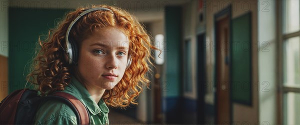 A thoughtful teenage redhead ginger girl with curly hair and frekles wearing headphones in a school corridor, wide horizontal aspect ratio, blurred sunny background with bokeh effect, AI generated