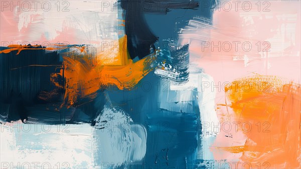 Abstract canvas with bold strokes of blue, orange, and yellow, conveying dynamism, ai generated, AI generated