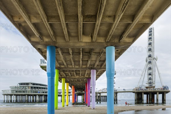 Pier in Scheveningen with Ferris wheel and restaurant, beach, bridge, colourful, pillar, architecture, design, North Sea, North Sea coast, travel, holiday, tourism, building, sand, promenade, beach promenade, jetty, The Hague, Holland, Netherlands