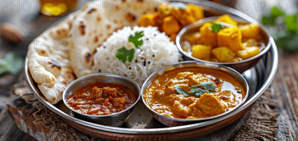 Assortment of Indian dishes with curry, naan, and rice on a metal tray, ai generated, AI generated
