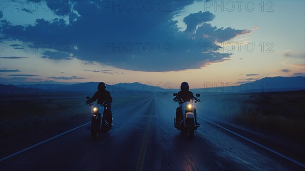 Motorcyclists riding on a highway silhouetted against an evening sky, AI generated