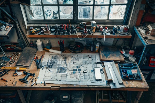 Busy workshop with tools, blueprints, and materials suggesting creative activity, AI generated