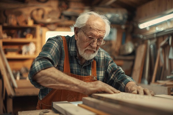 An elderly craftsman with years of experience working attentively in his woodworking shop, AI generated