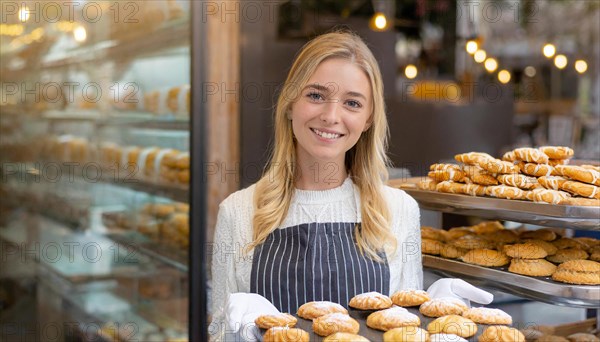 Ai generated, woman, 20, 25, years, shows, bakery, bakery shop, baquette, biscuits, white bread, France, Paris, Europe