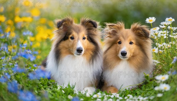 KI generated, Two long-haired collies lying in a colourful flower meadow, (Canis lupus familiaris), Lassie