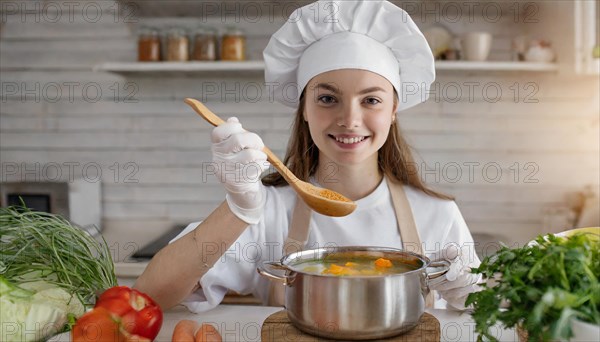 AI generated, An attractive blonde cook in the kitchen of a hotel tastes a vegetable soup