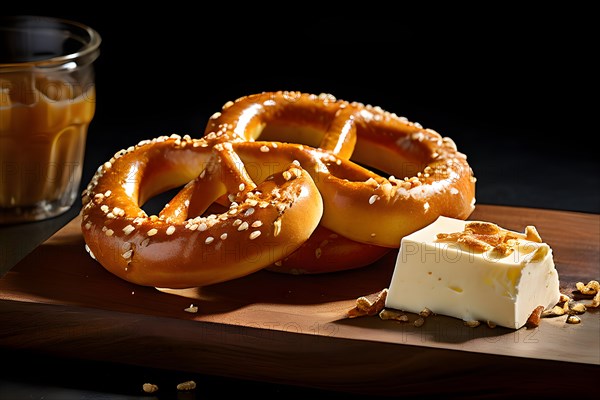 Golden brown pretzel next to creamy Obatzda cheese, AI generated, AI generated