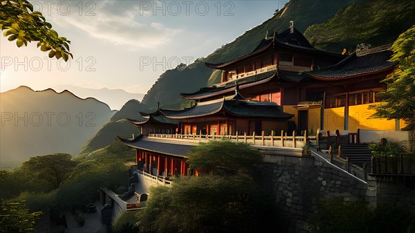 Shaolin monastery embraces by verdant flora, AI generated