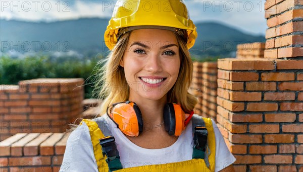 AI generated, A female bricklayer inspects a brick wall, 30, 35, years