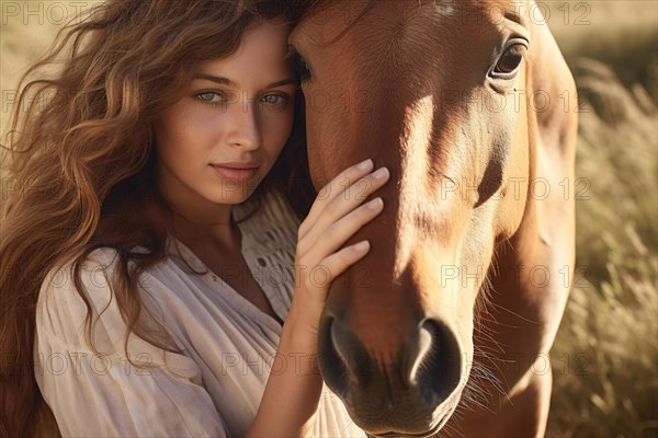 Young beautiful woman with her brown horse. KI generiert, generiert AI generated