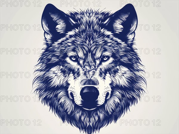Simple and detailed blue line art illustration of a wolf on a white background, ai generated, AI generated