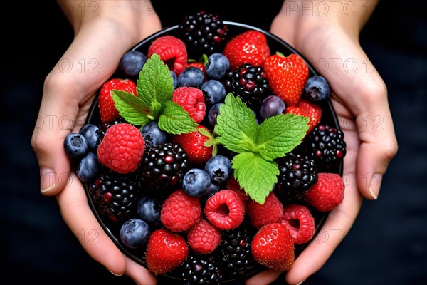 Top view of woman's hands holding bowl with fruit berry mix on dark background. KI generiert, generiert AI generated