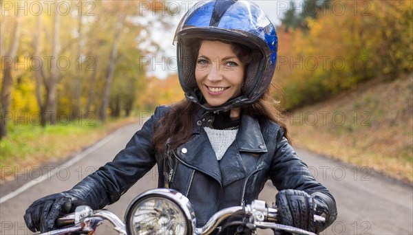 AI generated, An attractive woman rides her motorbike through an autumn landscape