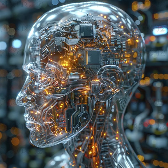 Medical a human head with brain and computer chip, symbol image KI in the human brain, ai generated, AI generated