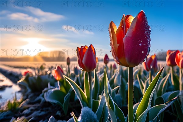 Tulip field on a frosty morning delicate petals encapsulated in fine ice embodying springs, AI generated