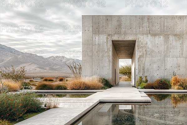 A modern concrete building with a water feature, mountains in the background under a cloudy sky, AI generated