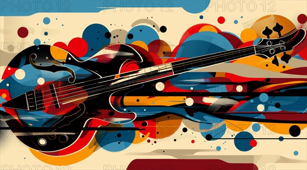 Electric guitar abstract with bold black lines and bright primary color splashes, ai generated, AI generated