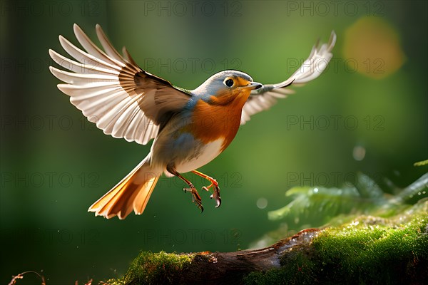 European robin perched captured in flight, AI generated