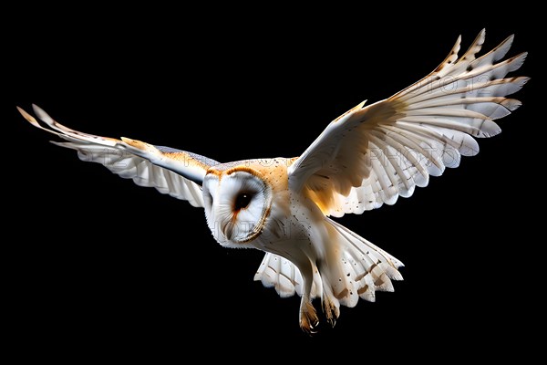 Barn owl in flight embodies mysterious and ghostly beauty, isolated in front of black background, AI generated