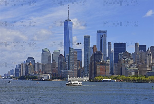 Skyline with skyscrapers, Financial District, helicopter in front of One World Trade Centre or Freedom Tower, Hudson River, Lower Manhattan, New York City, New York, USA, North America