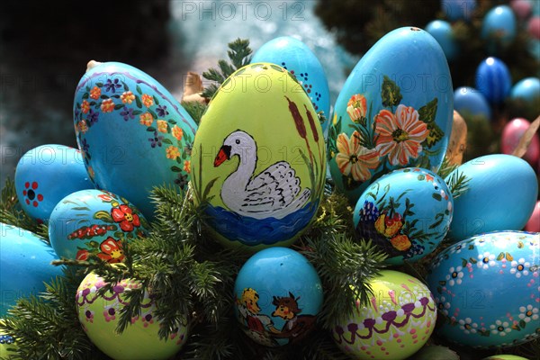 Detail of an Easter fountain in Franconian Switzerland, Bamberg district, Upper Franconia, Germany, many colourful blown-out and dyed eggs as decoration, Easter custom, Europe