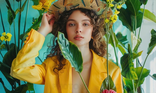 Woman in yellow outfit with hat, surrounded by tropical plants AI generated