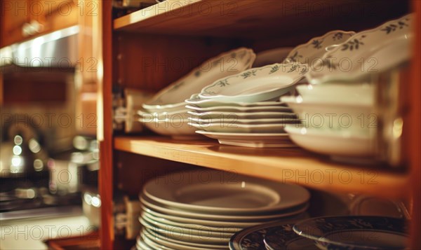 Warmly lit kitchen shelves stocked with patterned plates and dishware AI generated