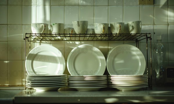 Morning light casts soft shadows on a home kitchen dish rack filled with white dishes and cups AI generated