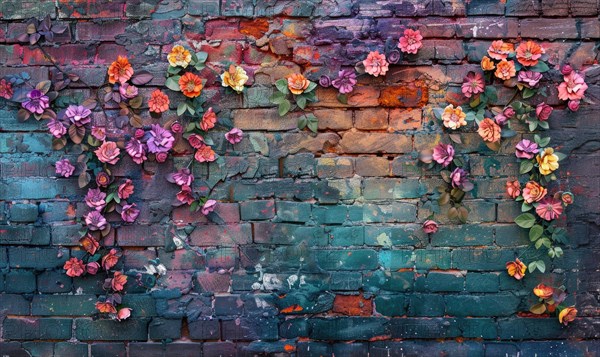 Vibrant multicolored flowers against a richly textured brick wall AI generated