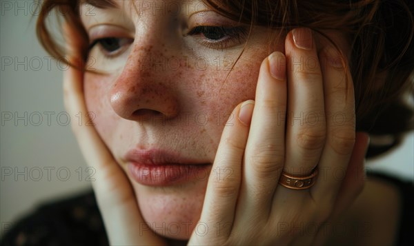 Close-up of a thoughtful woman with freckles and a hand on her face AI generated