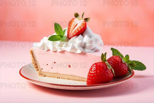 Single slice of pink cake with cream and strawberry fruits on plate in front of pink background. KI generiert, generiert AI generated