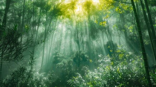 Peaceful bamboo forest with sunlight filtering through the mist, ai generated, AI generated