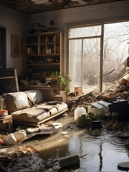 Interior of a flooded home furniture and personal items drenched, AI generated