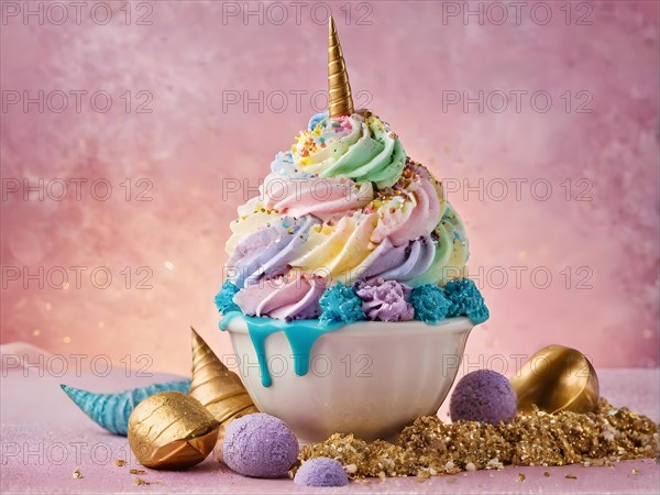 Whimsical unicorn ice cream sundae with rainbow swirls edible glitter and a golden horn, AI generated