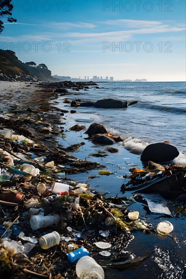 Coastal shoreline strewn with plastic waste post high tide impacting aquatic ecosystems, AI generated