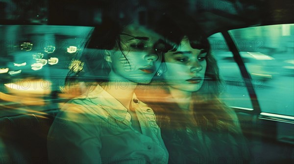 Double exposure of two women in a car with vibrant city lights reflecting on the window, AI generated