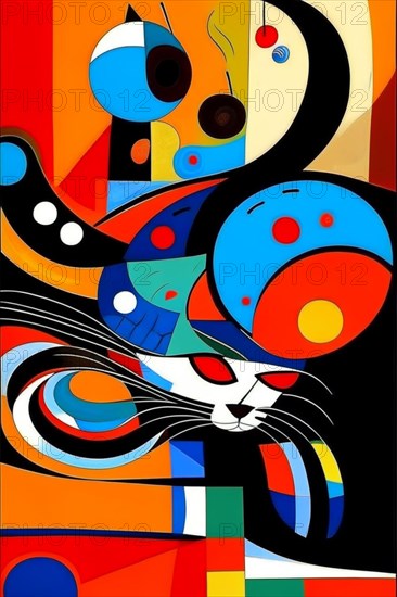 Abstract and vibrant depiction of a cat with bold geometric shapes and colors, vertical aspect, AI generated