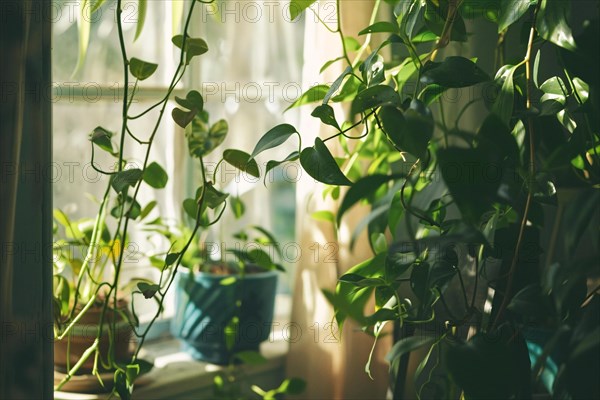 Peaceful corner with lush hanging plants, serene lighting, and a sense of simplicity, AI generated