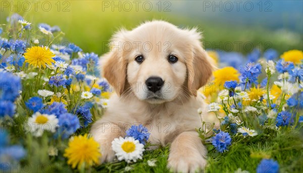 KI generated, A Golden Retriever lies in the grass of a flower meadow, young animals, animal children, (Canis lupus familiaris)