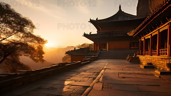 Shaolin temple embraced by the warm glow of sunset, AI generated