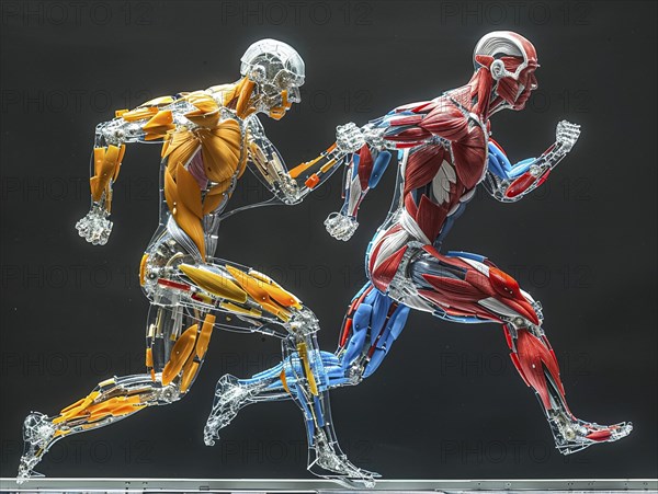 Two skeletons in walking motion, whose muscles are shown in colour, AI generated, AI generated, AI generated