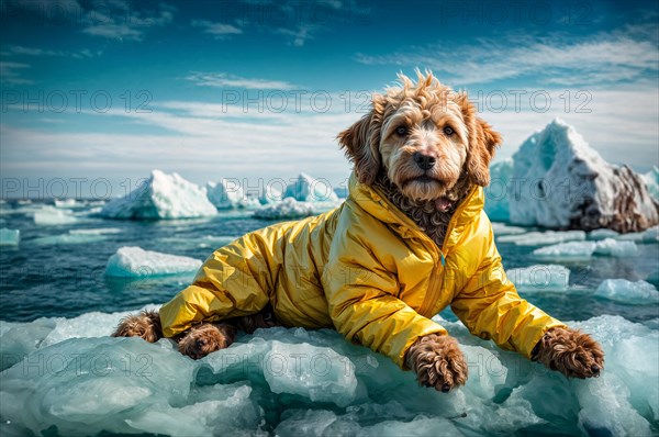 Labradoodle confident dog in a yellow golden puffer coat lying on an iceberg with a backdrop of glaciers under a clear blue sky, climate change environmental concept, AI generated