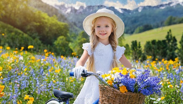 KI generated, A blonde girl rides her bike and enjoys the summer in a meadow with many flowers, Bicycle basket with flowers