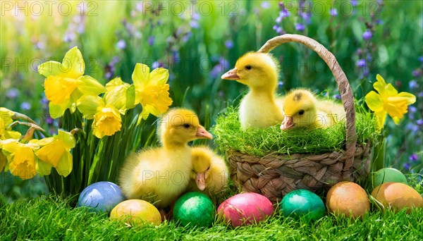 Ai generated, An Easter basket with coloured eggs in a meadow with colourful flowers, four goslings in the basket, symbolic image Easter, animal children